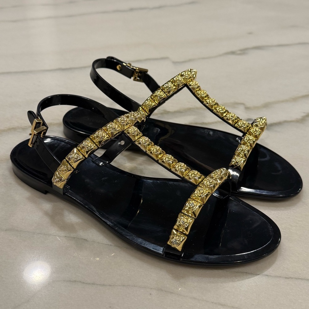 Stuart Weitzman Jelly Sandals Size 8 Black Gold Embellishments - Picture 11 of 11